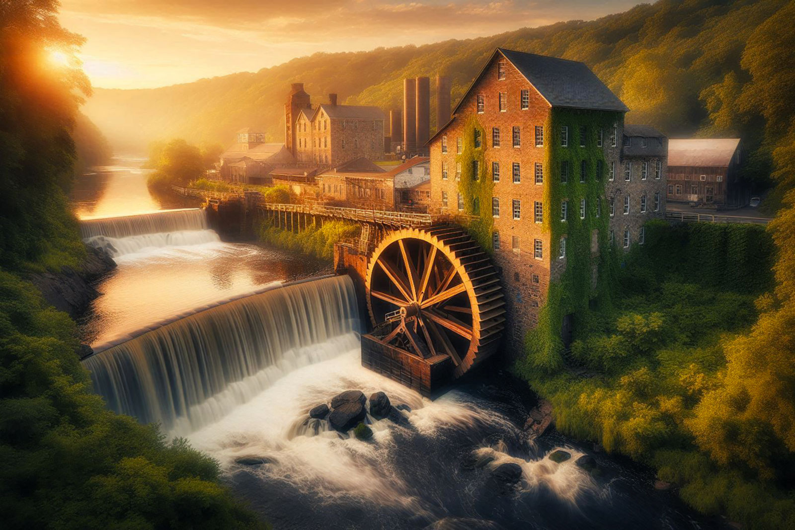 Golden Sunrise of the Industrial Revolution Waterwheel