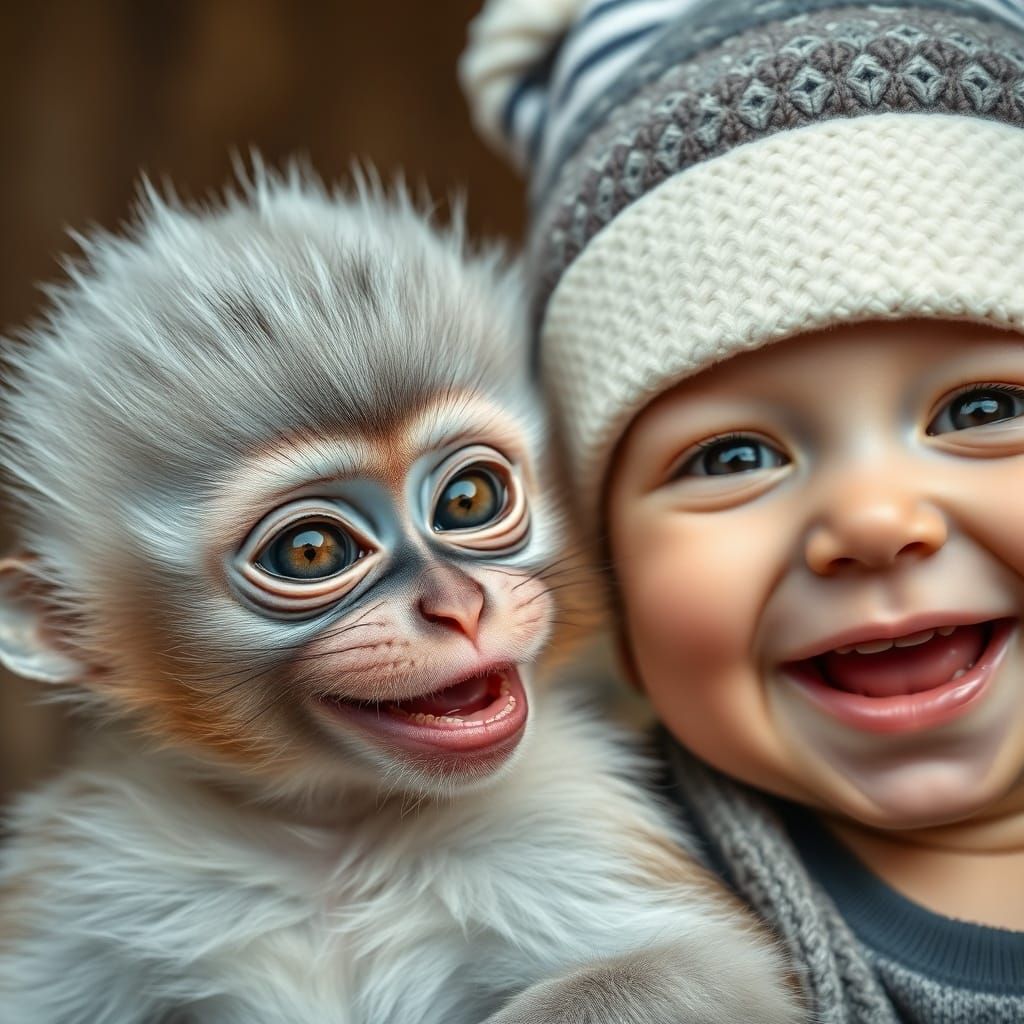 Baby Monkey and Human Baby Smiling Together in Natural Light