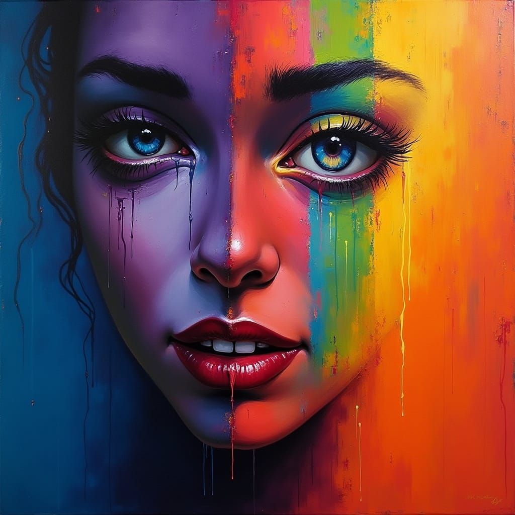 Portrait of a woman’s face which is in many different colours across her face, the colours follow the emotions associated with the face, the...
