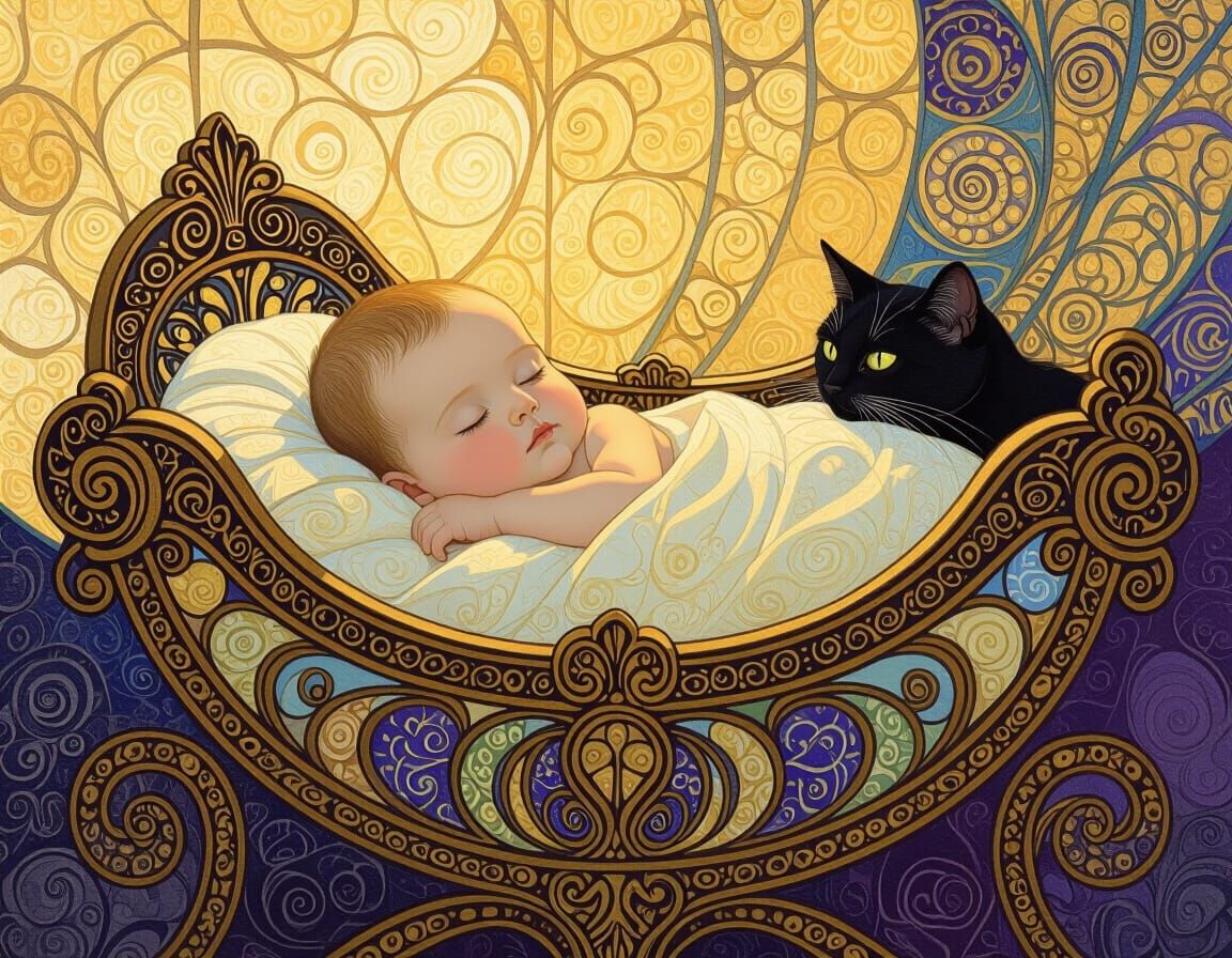 a cat and a baby in a cradle    by @Maria_fairy_id