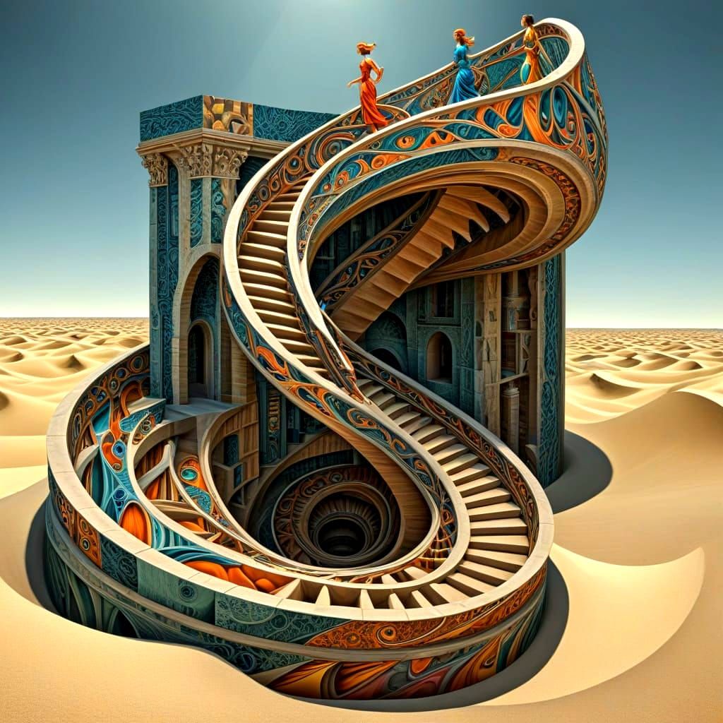 Elegant Ladies Navigate Infinite Stairway Maze