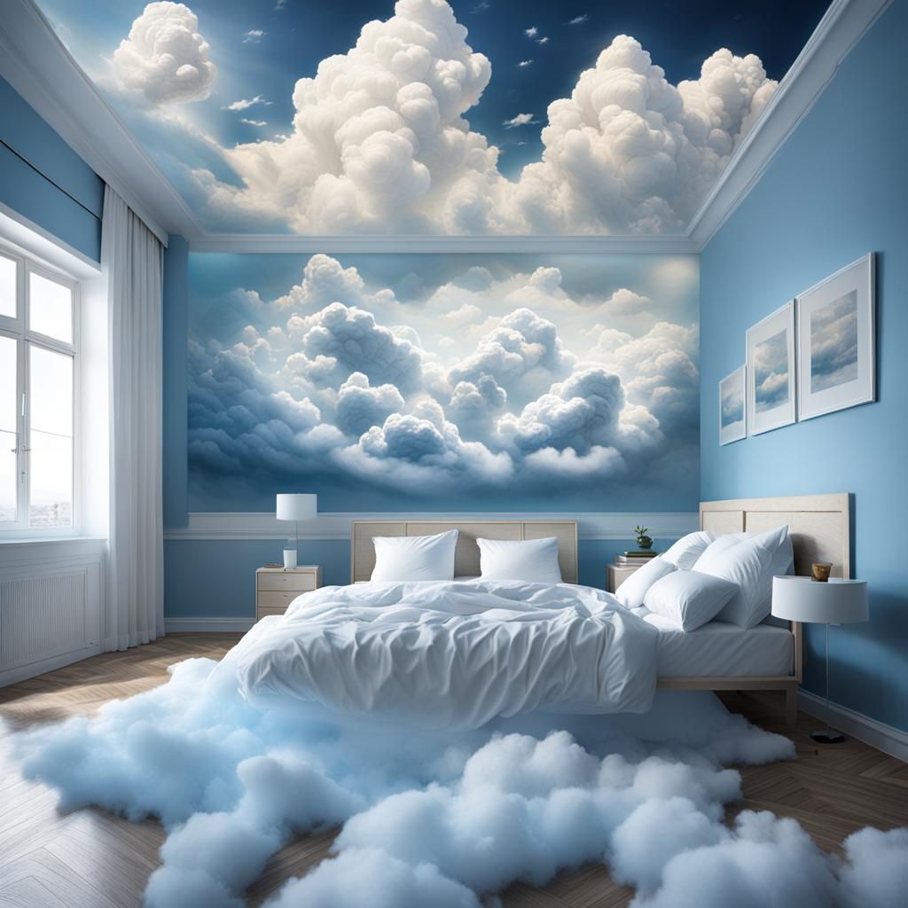 A white bedroom with big bed in the clouds.