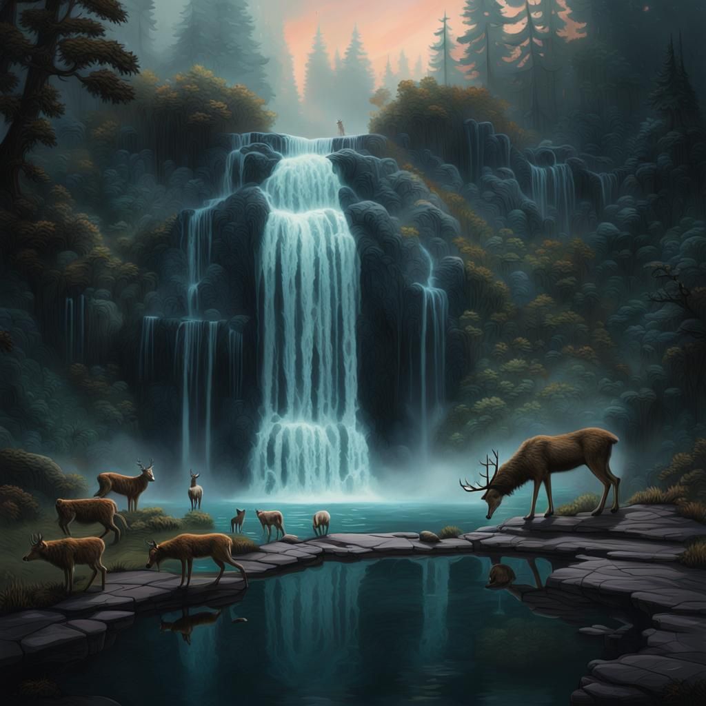 a waterfall with animals at the bottom