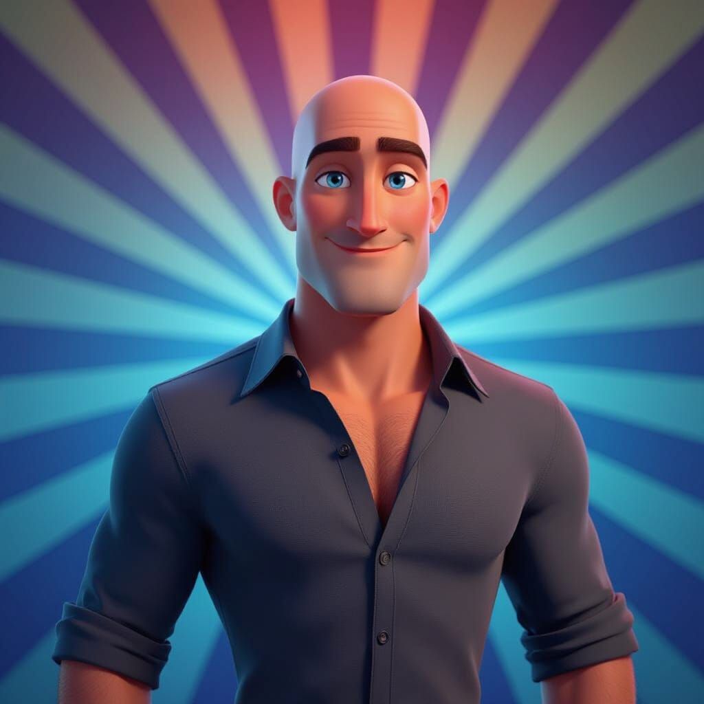 Generate a make about 30 bald head wears long shirts and no shirt bright blue eyes 5' 8 tall very confident and buff quit he is Christina bo...