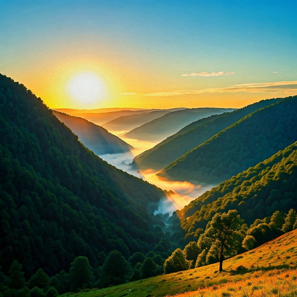 Ethereal Watercolor Landscape with Golden Sunrise