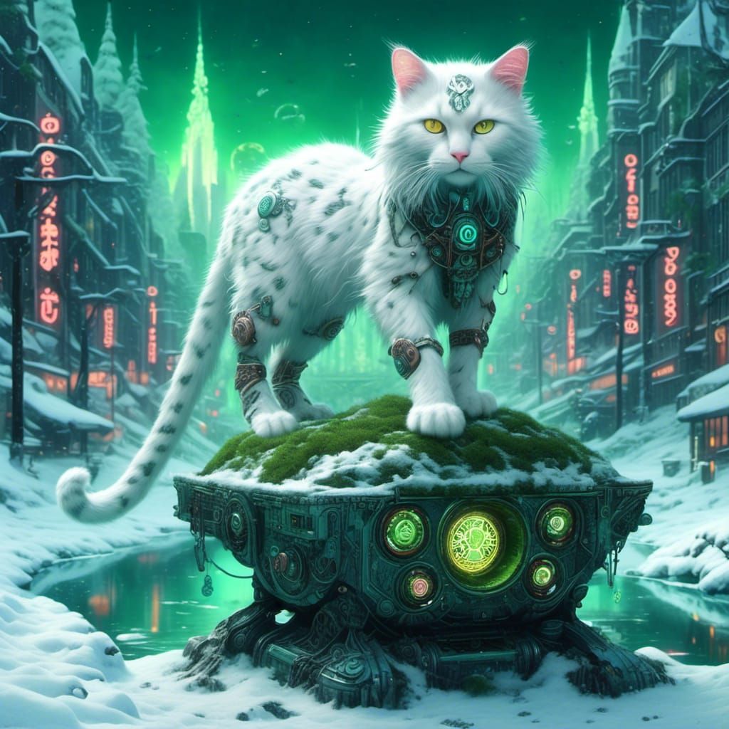 Mechanical Runic Cat in Cosmic Neon Street