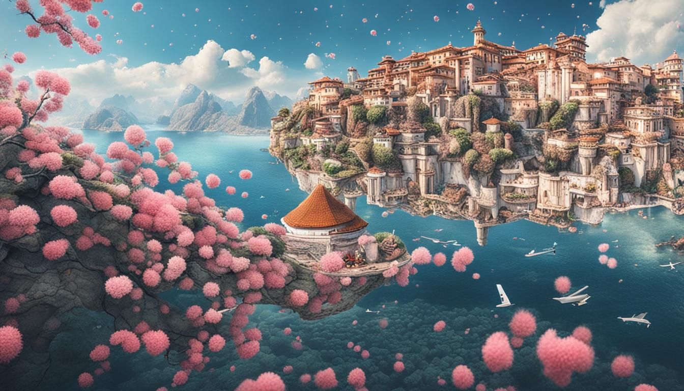 Mystical Cityscape with Floating Flowers and Ocean