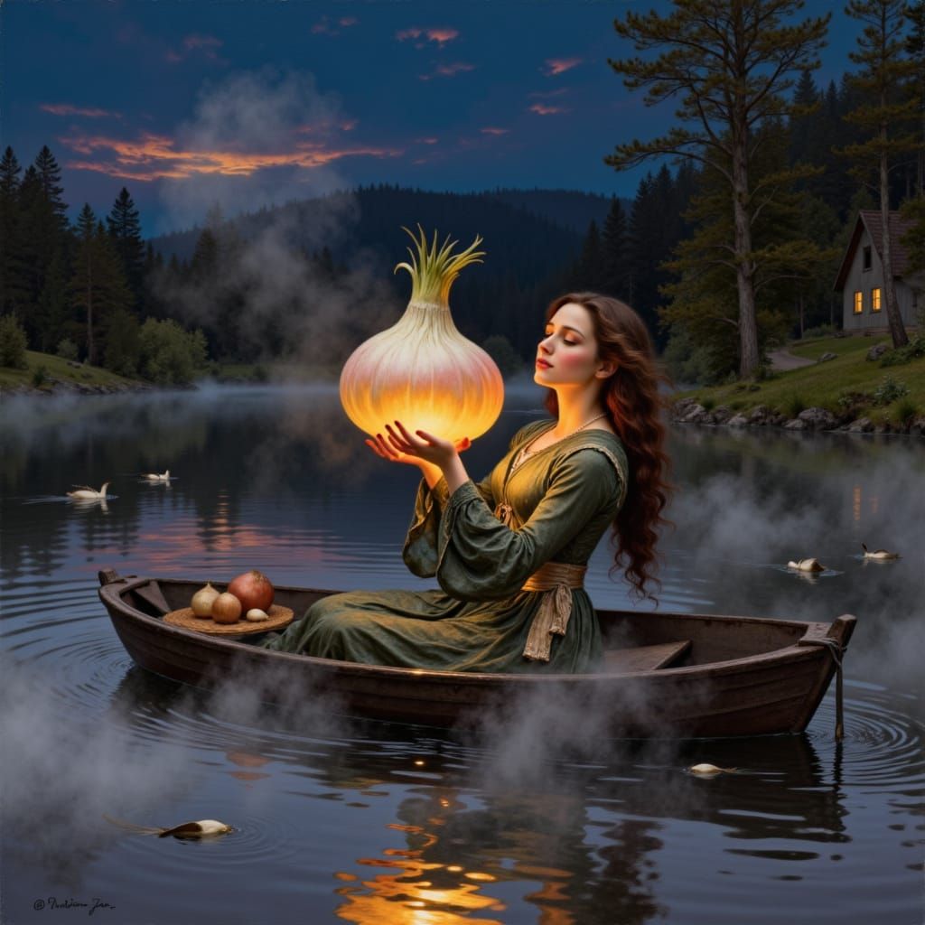 <lora:Wonderfulart:1.0>    Lady of Shallot parody the woman holding up a shallot in her hands in her boat on the lake