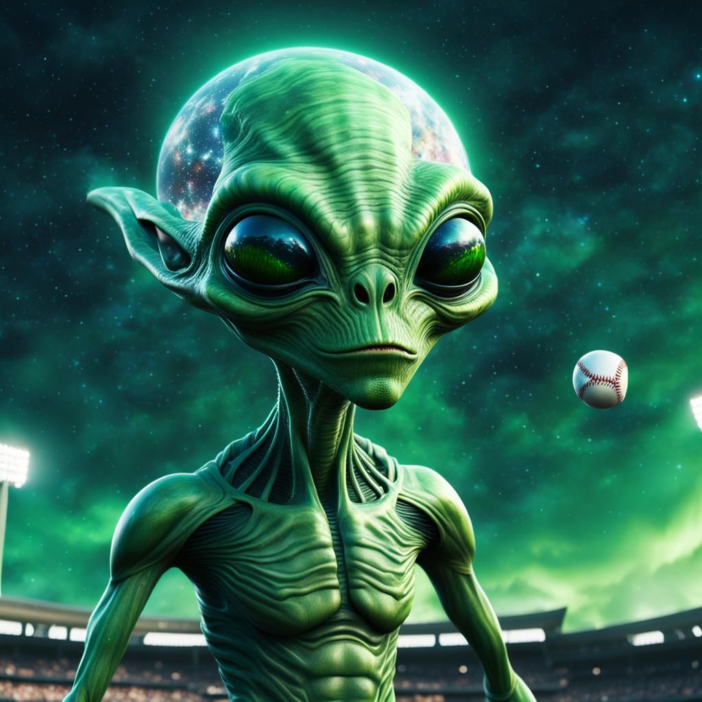 up close shot of a green alien playing baseball, galaxy sky ...