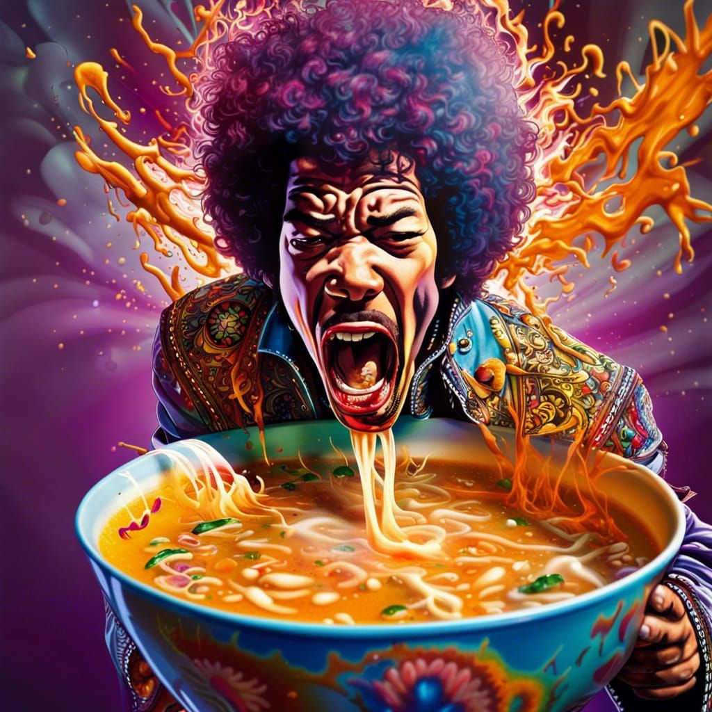 "Jimi Hendrix yelling while spilling a hot cup of soup on hi...