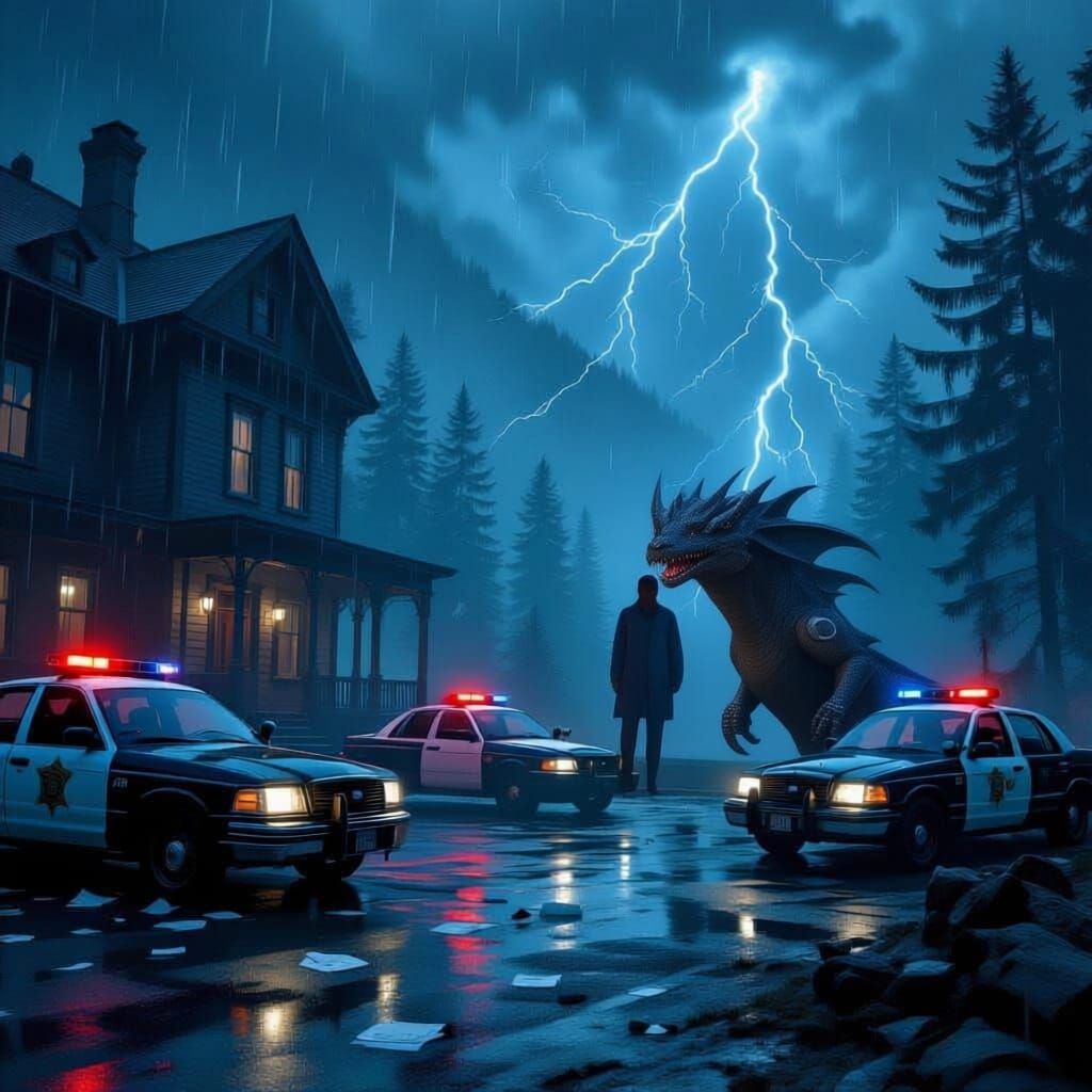 A family friendly version of an eerie scene set at a Victorian-style police department located near the edge of a misty forest in a mountain...