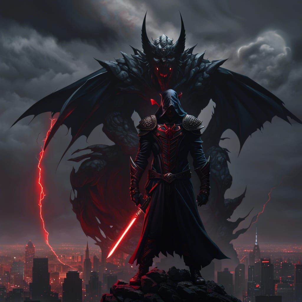 Evil hero in all black and red, scary, badass, very dark sky, centered, cityscape, sinister pose   by @ZDog