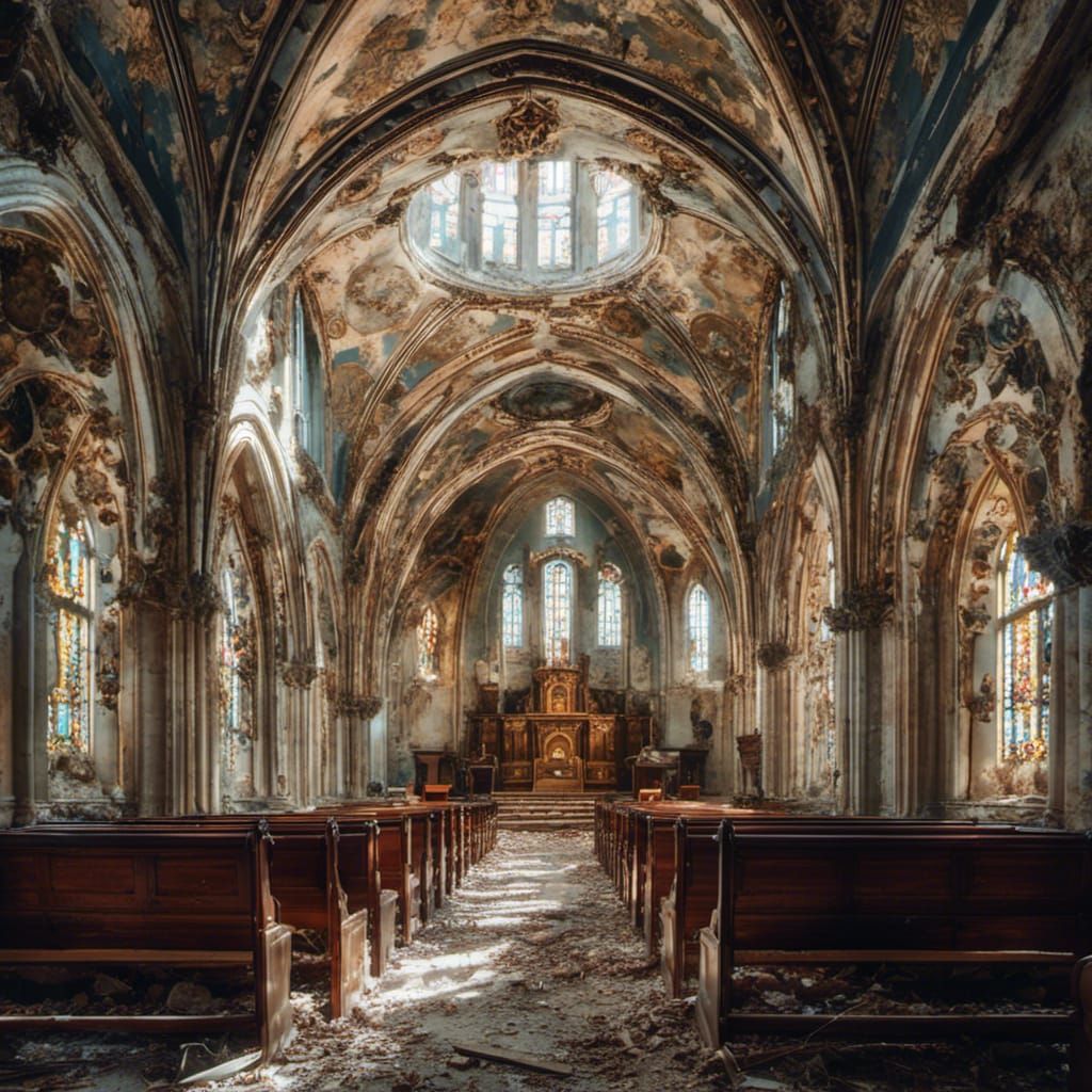  <lora:MJ6 Decay:1.0> deteriorating church , realistic photography by Elsa Bleda