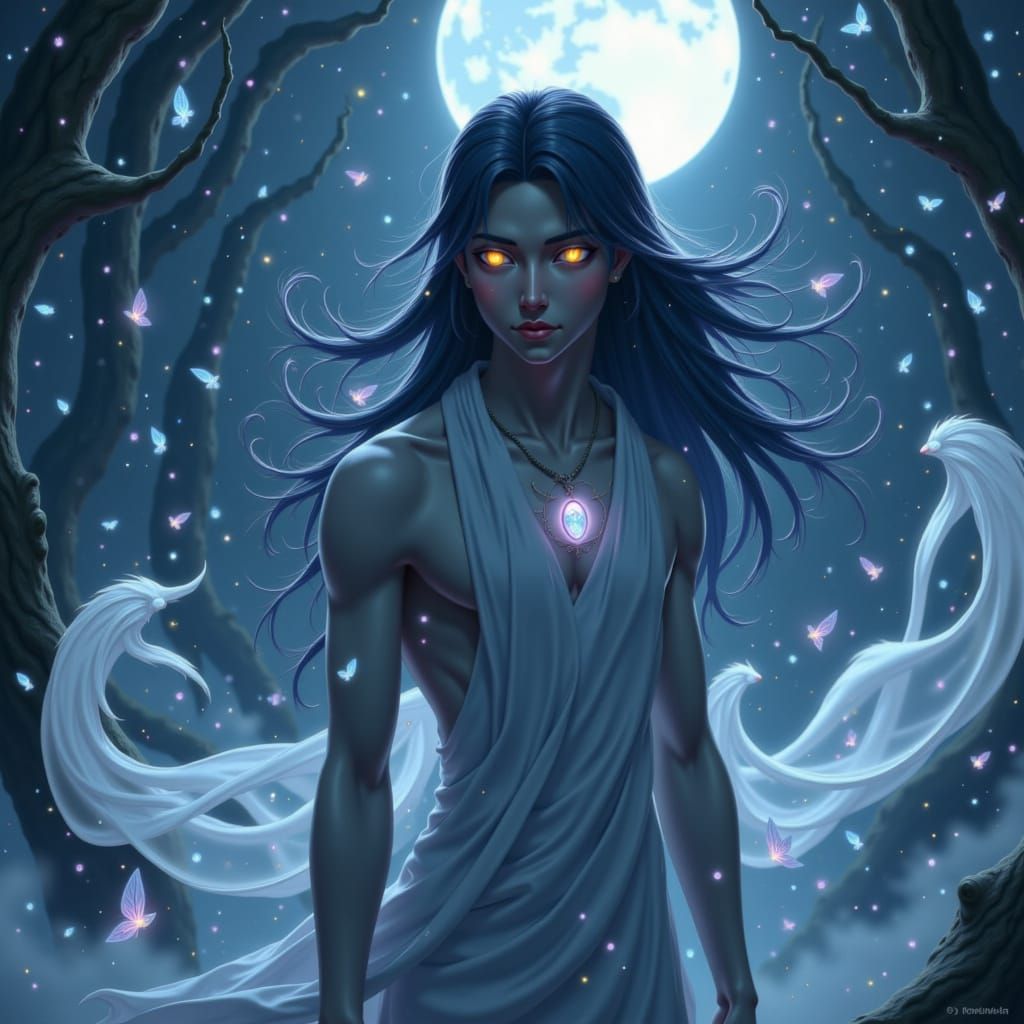 Ethereal fantasy art. Medium shot. A slender, slightly muscular Moon Goddess with long, flowing dark blue hair and light blue skin stands am...