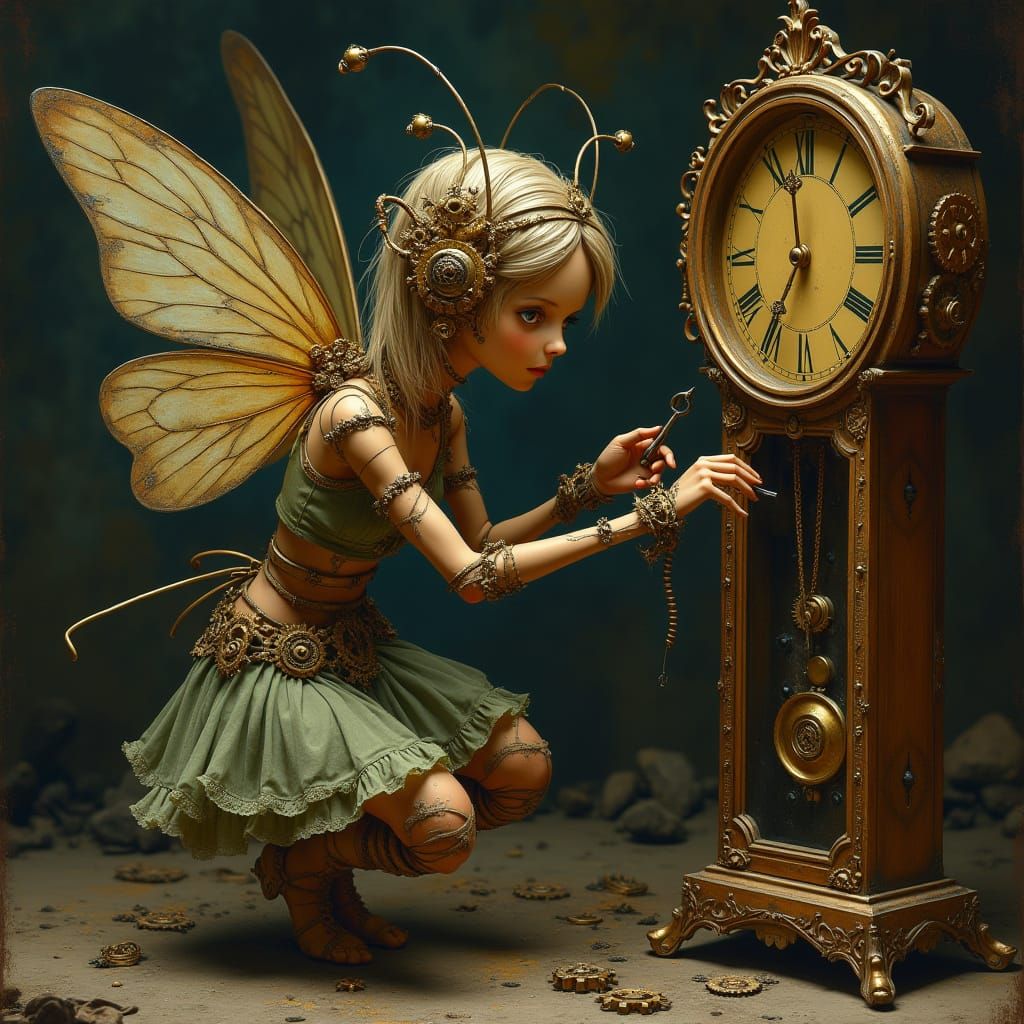 Clockwork Fairy Repairs Timepiece in Steampunk Style