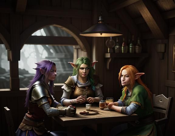 three female goblins drinking cocktails in a rustic tavern. ...