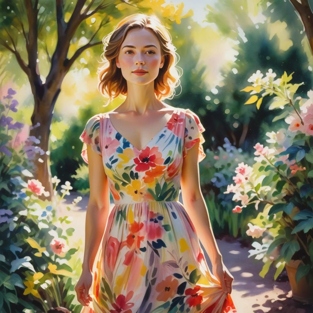 Woman in Sun-Drenched Garden: Gouache Impressionist Style