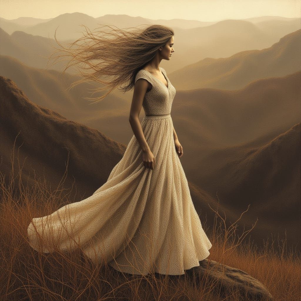 A young woman is standing on a high rocky peak  (Part of My Studies in Yellow Series)