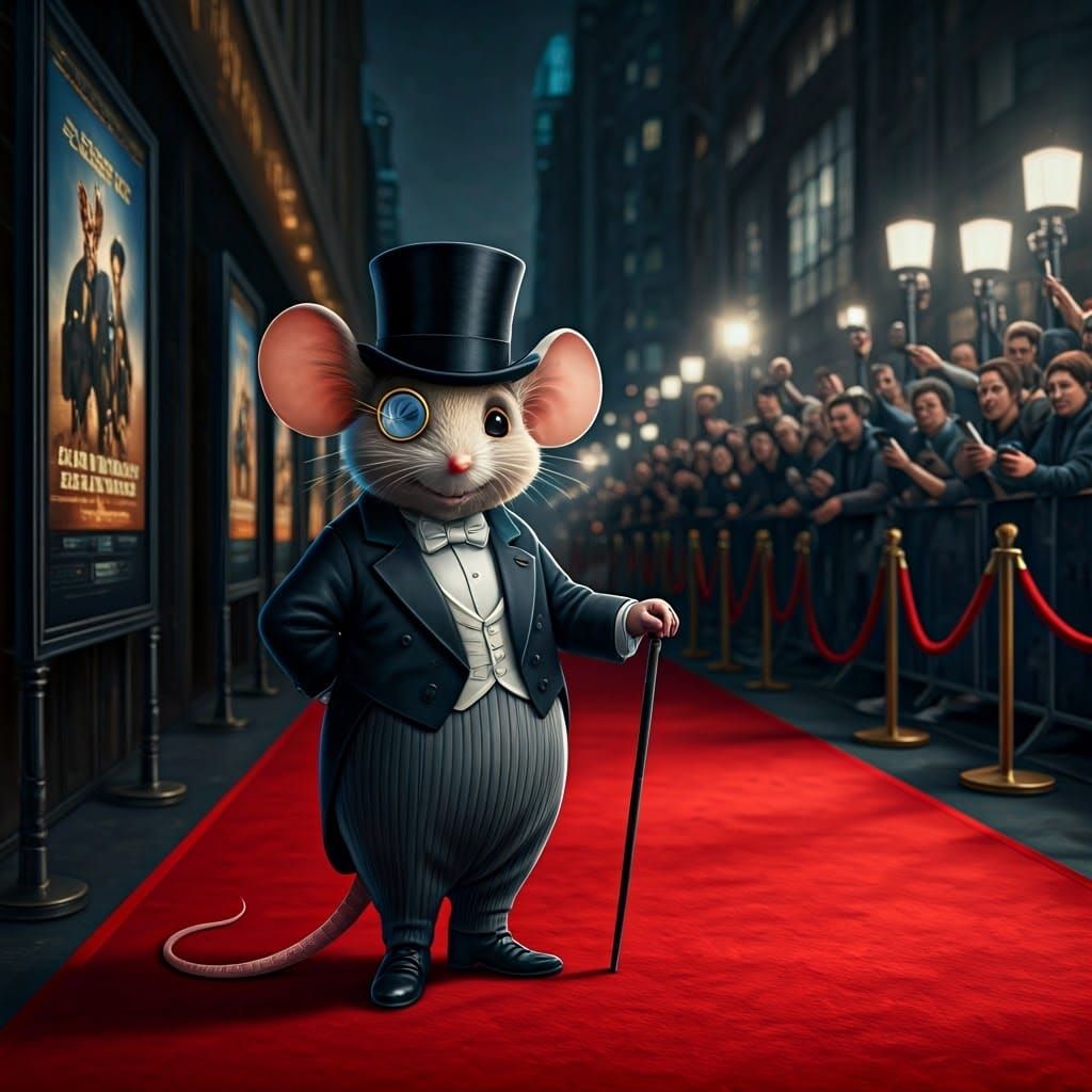A very dignified mouse in a tuxedo and a top hat, with a monocle and a cain, standing on the red carpet ...  by @Dantonio