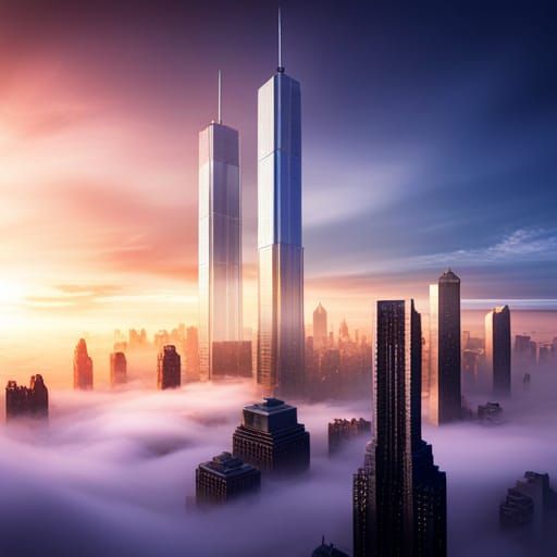 twin towers sitting in the clouds above new york city - AI Generated ...