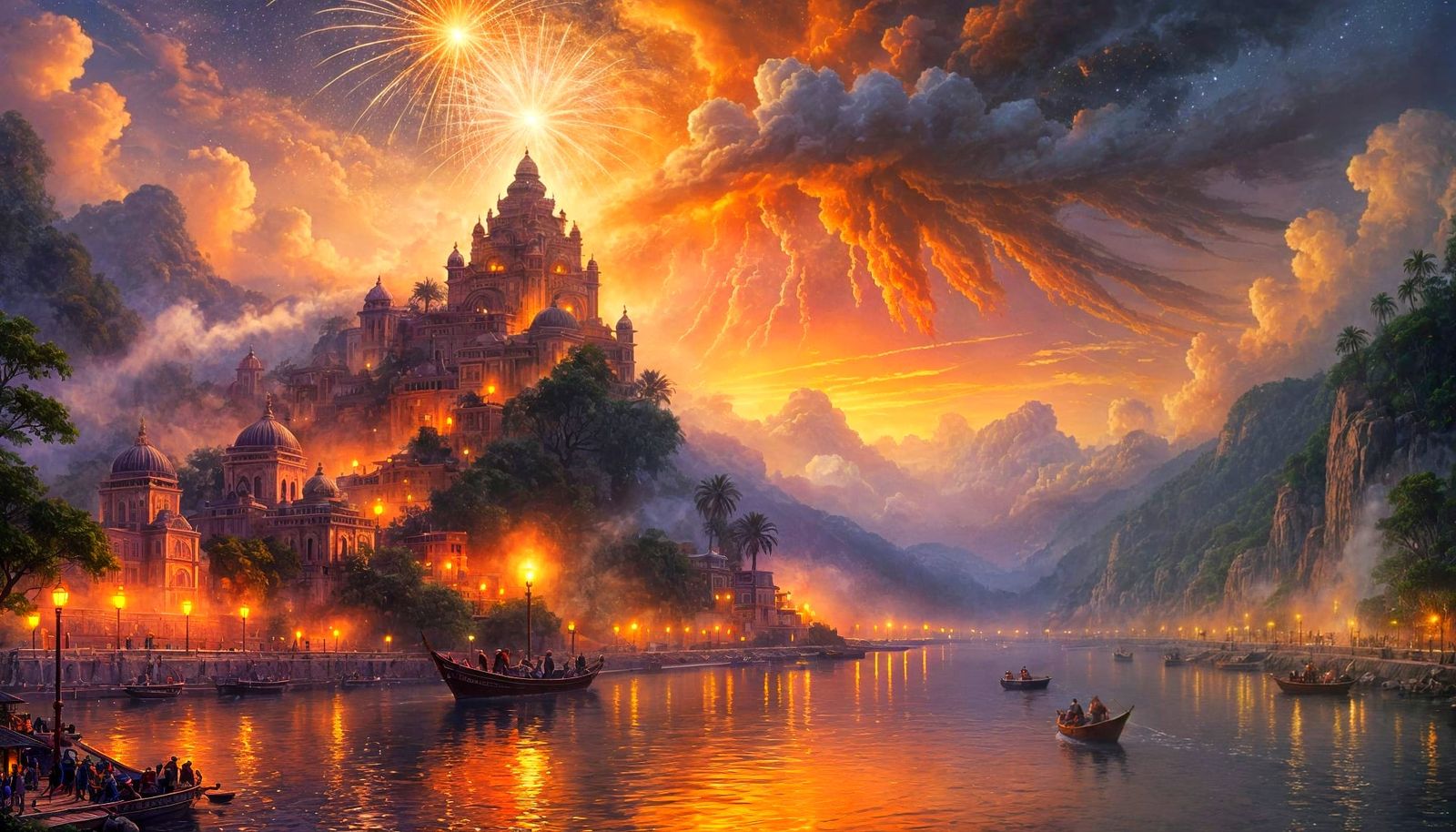 Illustrate the fireworks-lit night sky above the Ganga River using bold, expressive brushstrokes and ...  by @Carlos