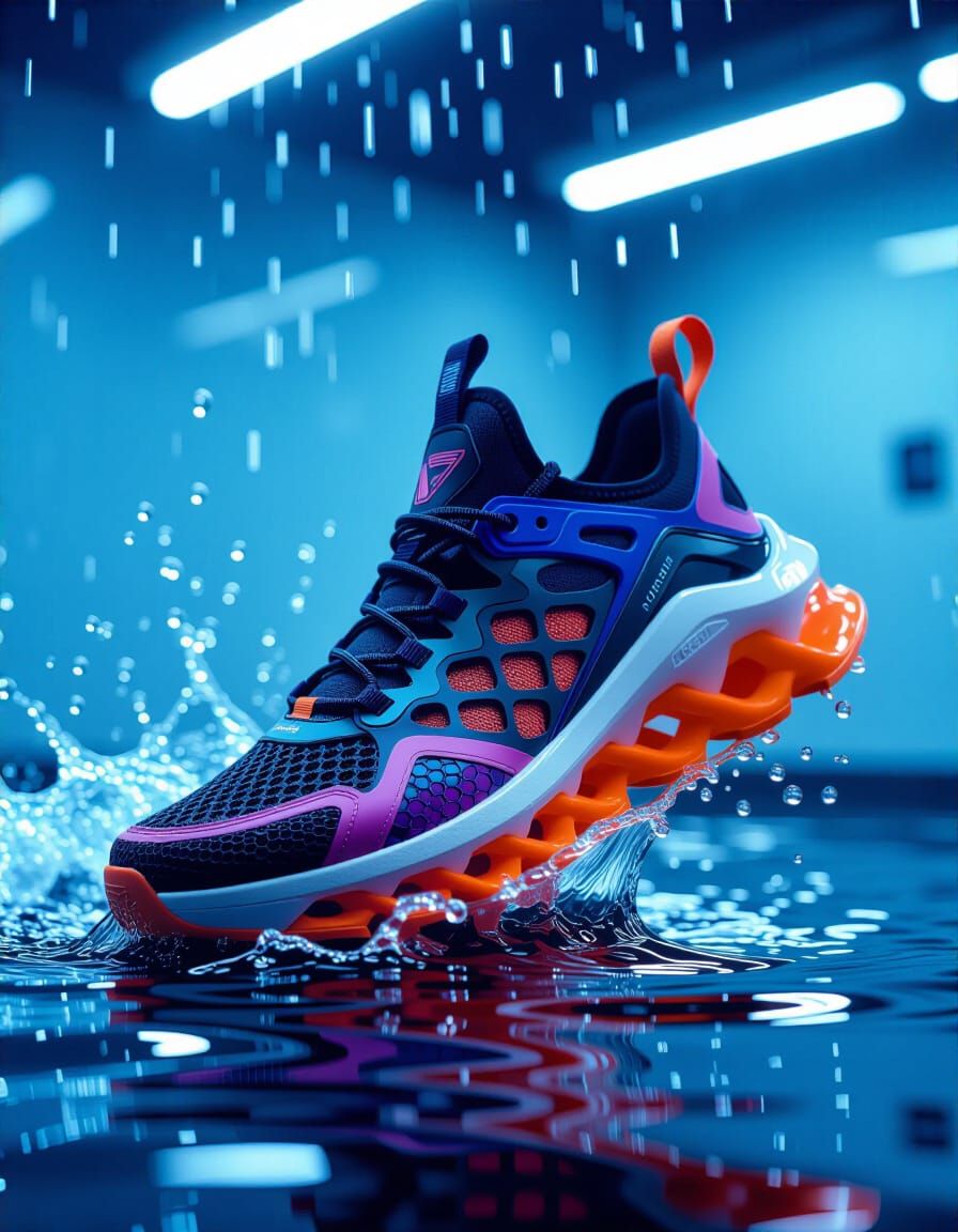 The futuristic sneakers with a net-like structure and vibrant dark blue, purple, and orange accents splash dynamically through cascading spl...