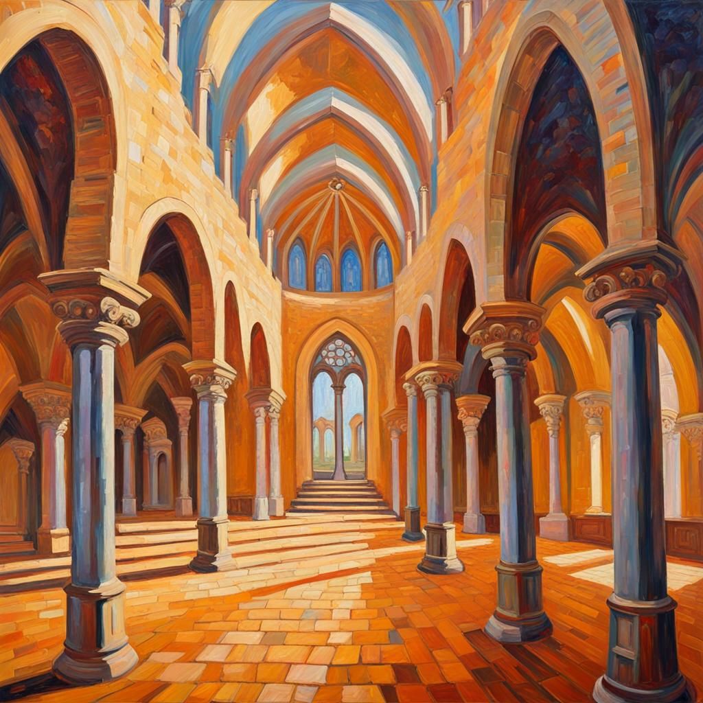 Highly detailed interior of a Romanesque cathedral, round headed arches