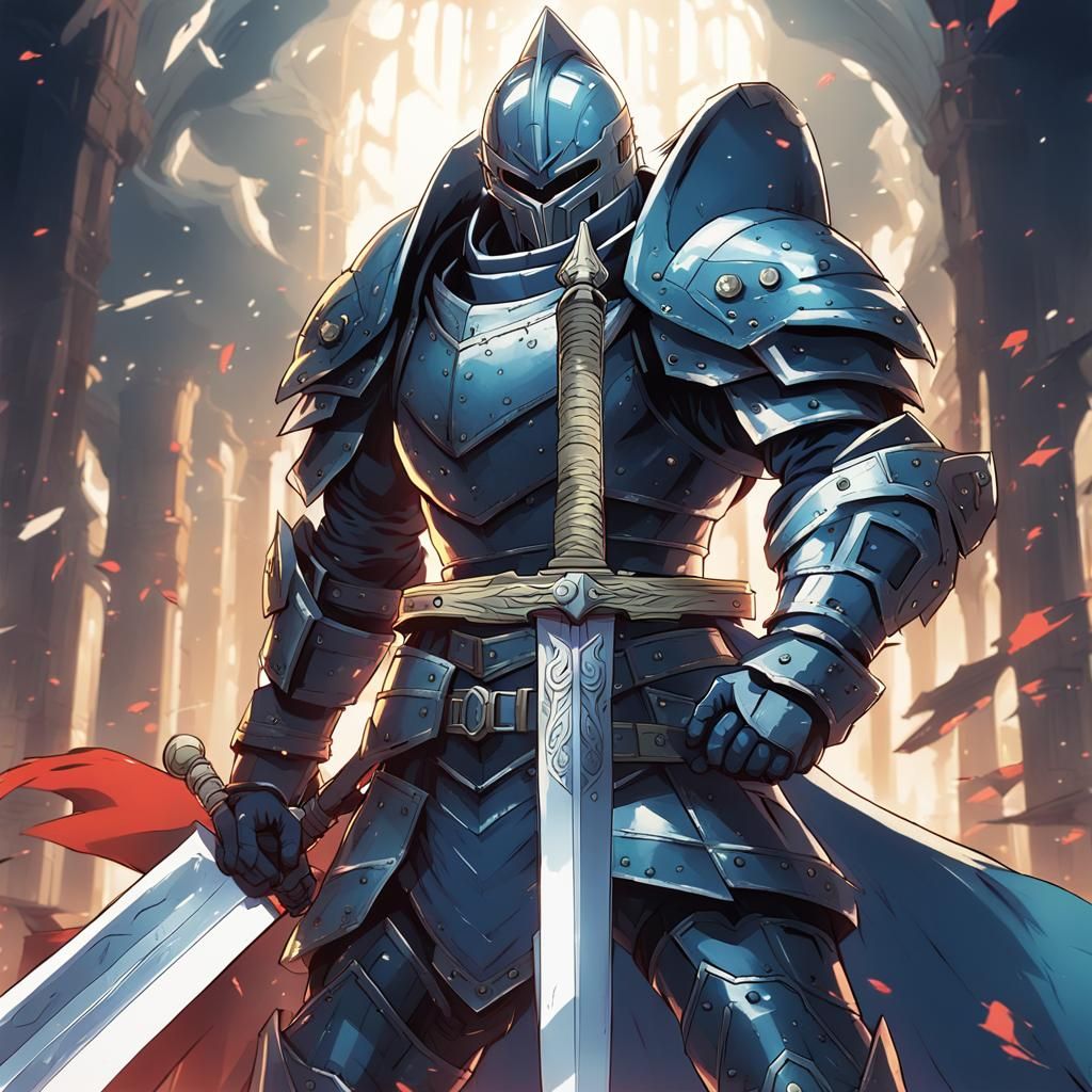 an anime character in full armour and is holding a giant swo...