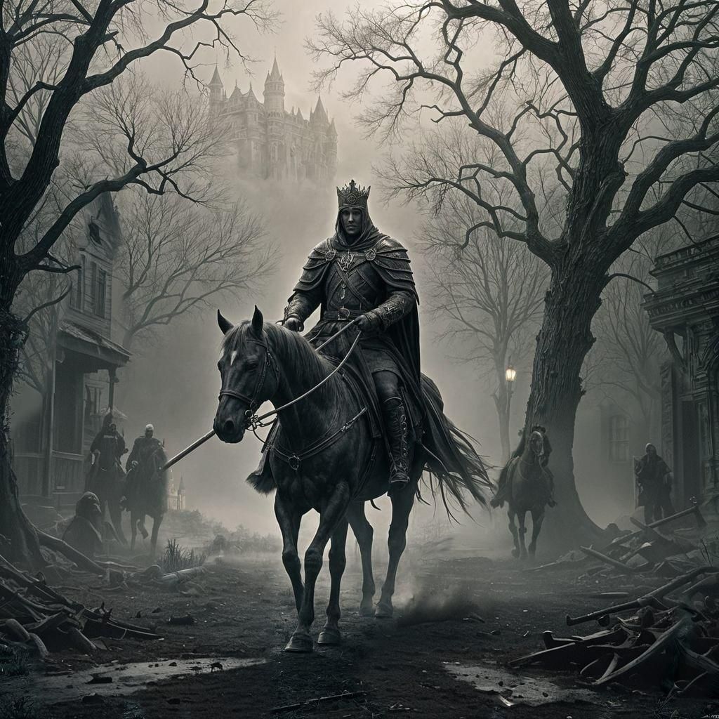 Ghosted hunted house, king on a horse roaming with a scythe, dvd screen grab, dynamic lighting, hyperdetailed, intricately detailed shadows....
