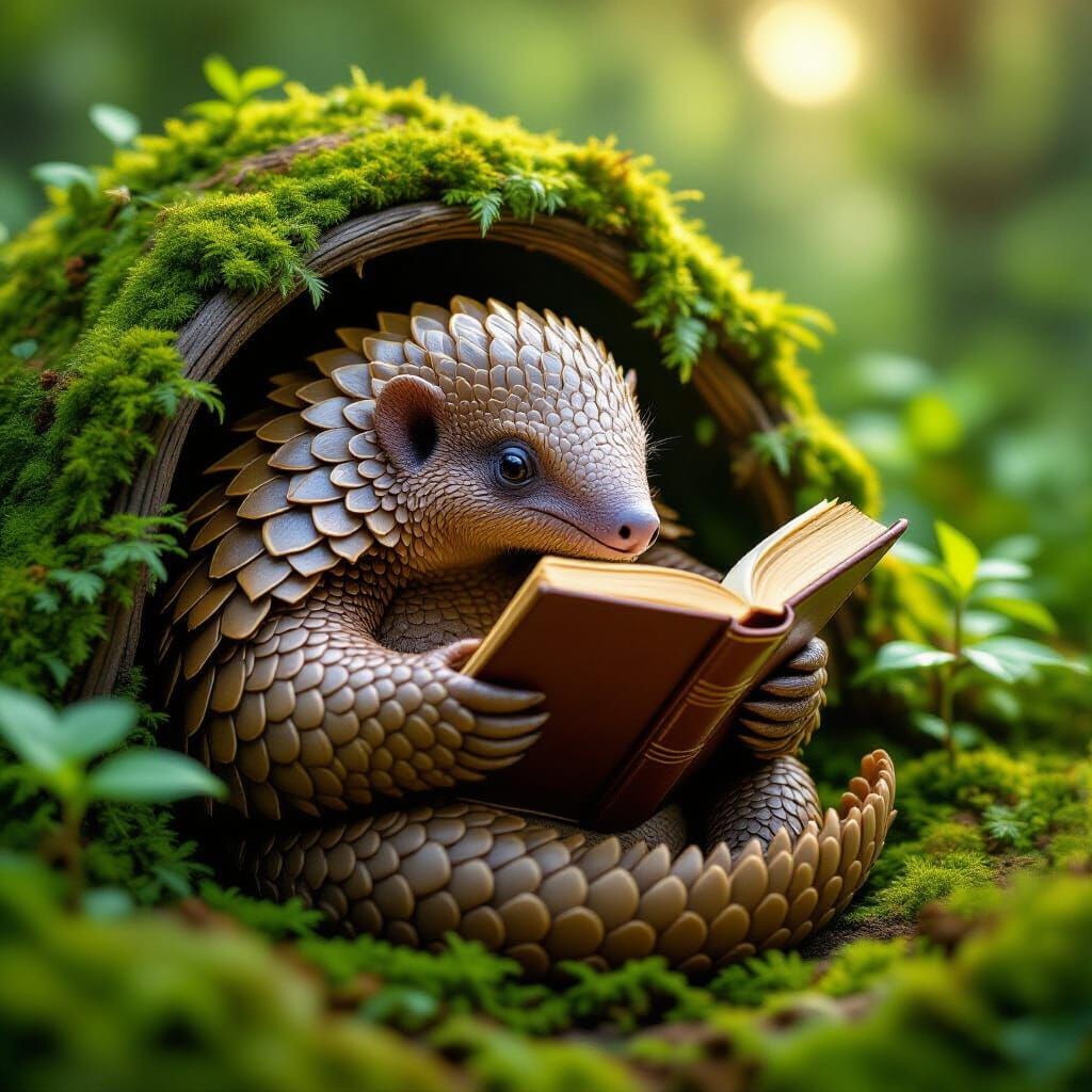 Pangolin reading a thick tome