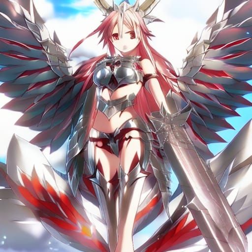 Attractive Valkyrie, silver wings, red bikini armor with sil...