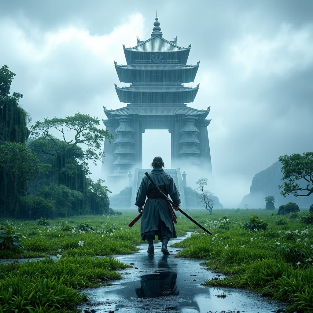 high res picture of a lone samurai entering with his single sword  the verdant lush   ground ...  by @Ambassador of Light