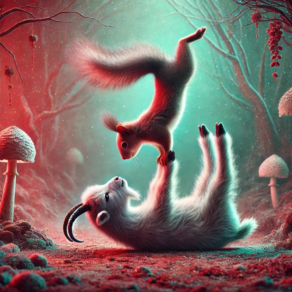 Squirrel doing foot stands on Billy Goat