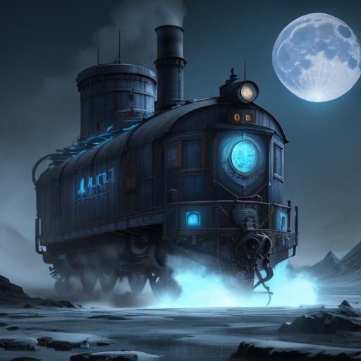 Arctic Boxcar Under Blue Moon: Detailed Matte Painting