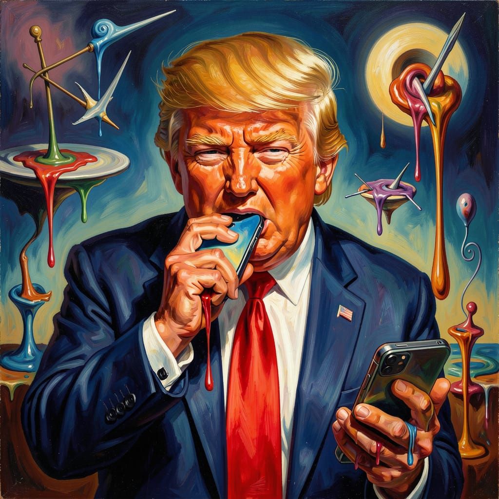 Surrealist Oil Painting of Trump Eating a Smartphone