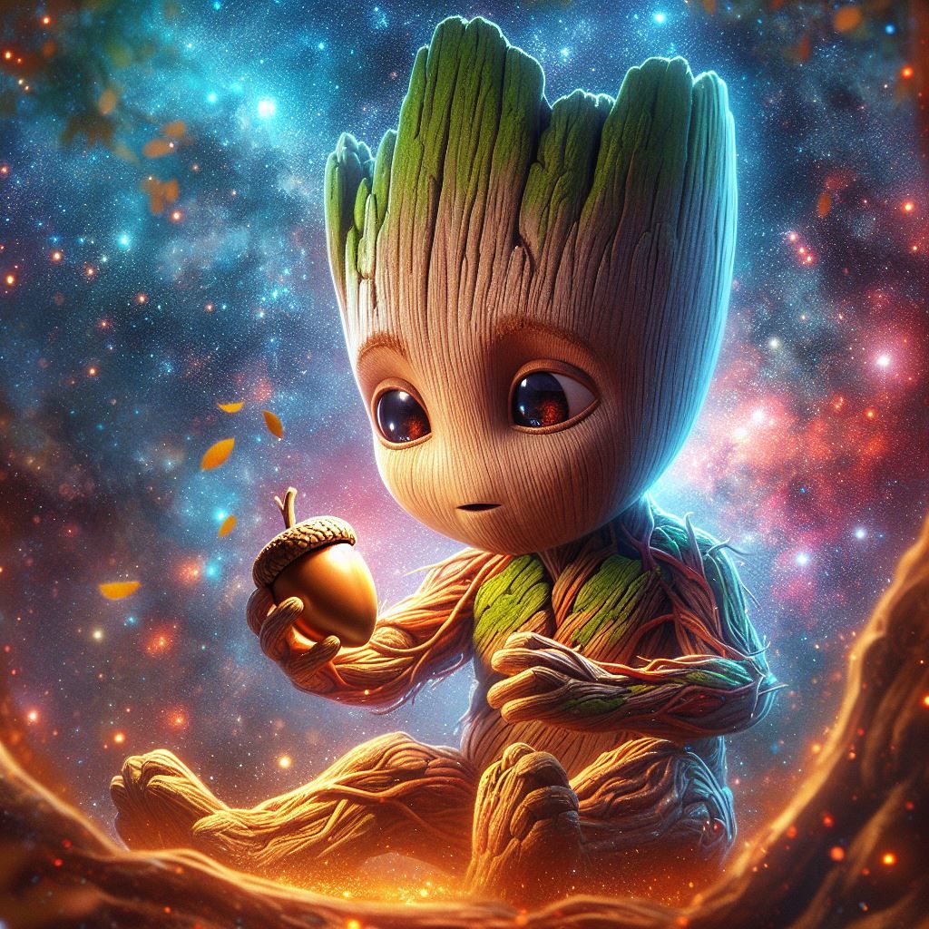 Baby Groot is playing with an acorn