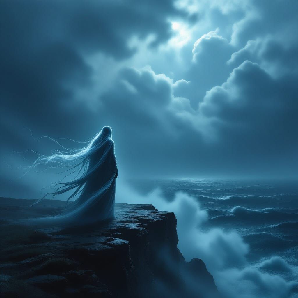 Masterpiece Monday. A hauntingly beautiful scene of a solitary, spectral figure standing on a cliff overlooking a stormy, dark sea. The figu...