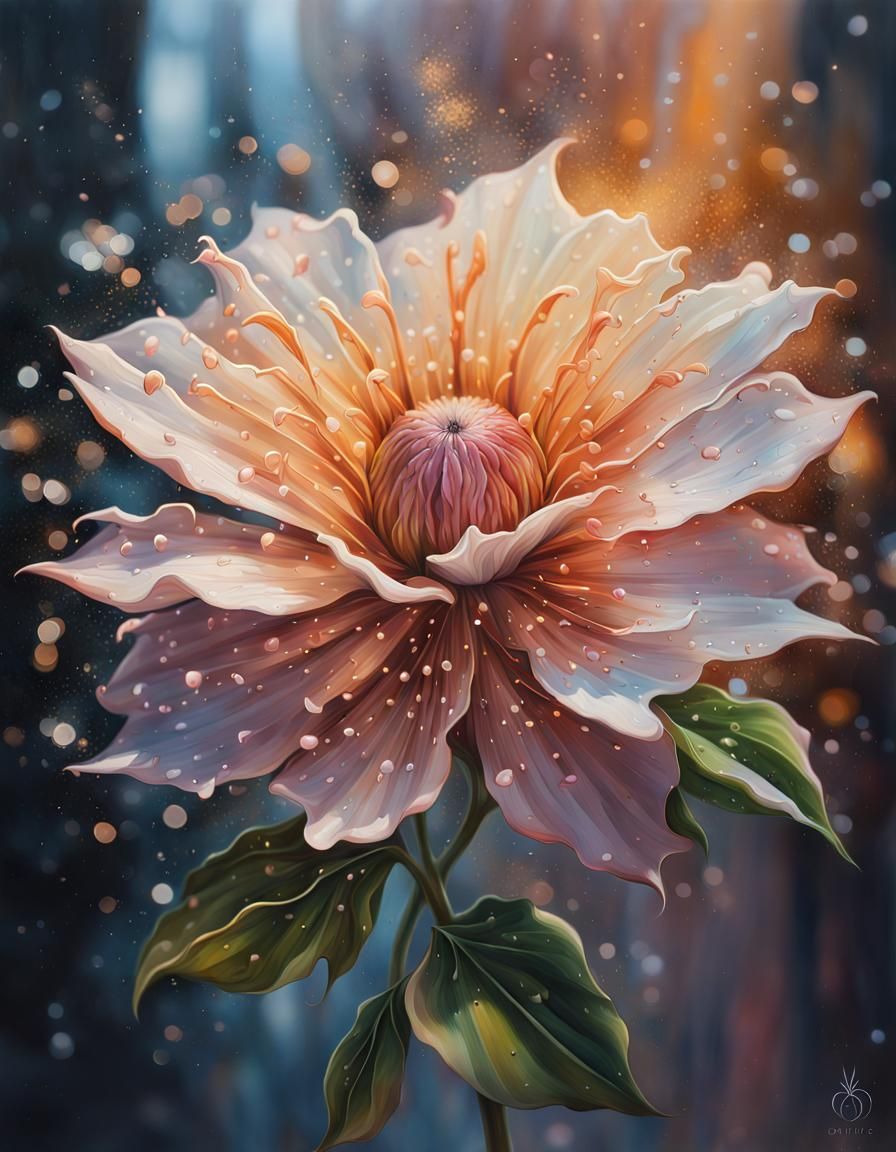 Beautiful hyperrealistic oil on canvas painting of a beautiful (magical flower: 1.5), hyperdetailed hyperrealistic, ...  by @Aia