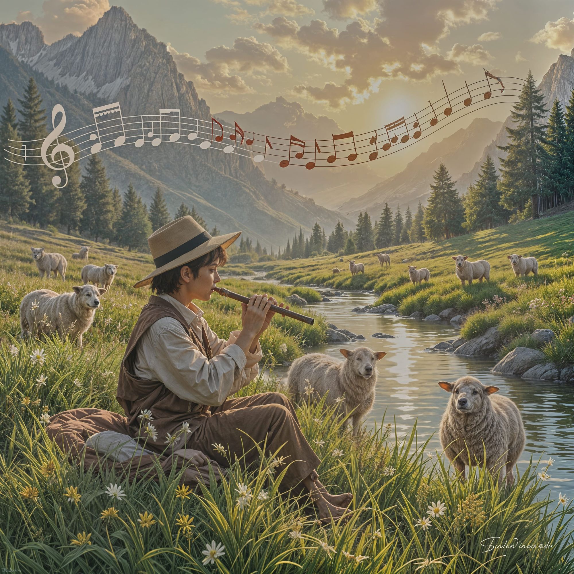 נער רועה צאן מנגן בחליל לכבשים  ותווי מוזיקה ברקע דשא נחל מים ושמש