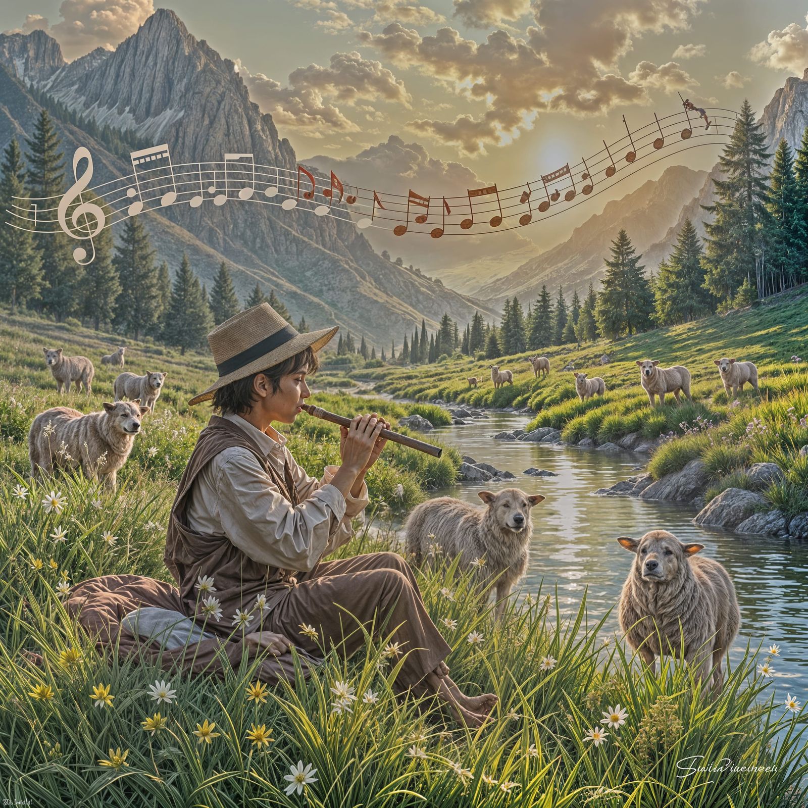 Shepherd Boy Plays Flute for Sheep with Musical Notes