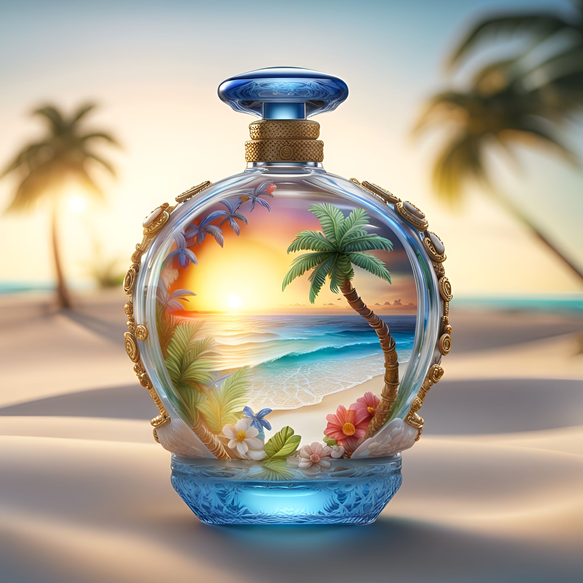 A bottle of perfume on the seashore is enveloped in a wave. Yellow sand on  the beach, marine cosmetics and fragrance. Neural network AI generated  25384066 Stock Photo at Vecteezy