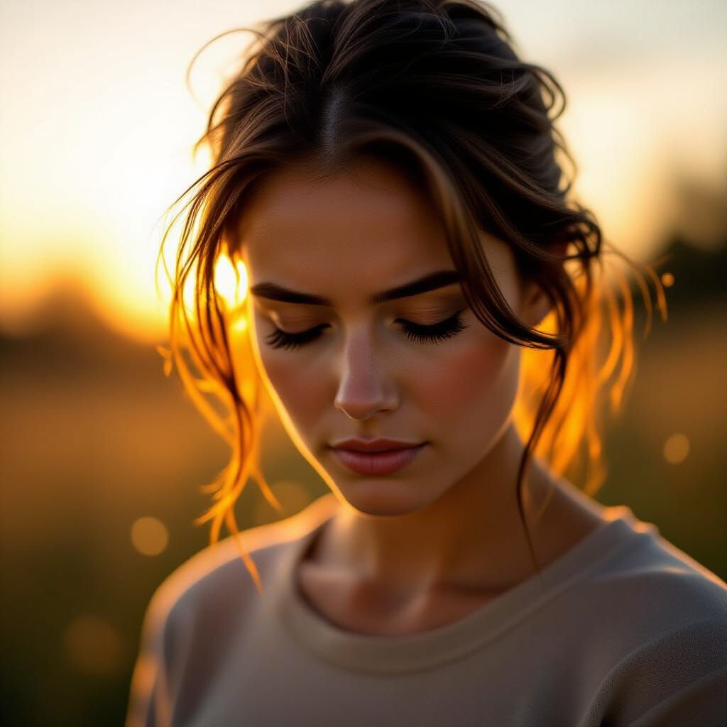 A cinematic close-up of a person standing alone in soft golden light, looking down but slowly lifting their head with determination. Warm li...