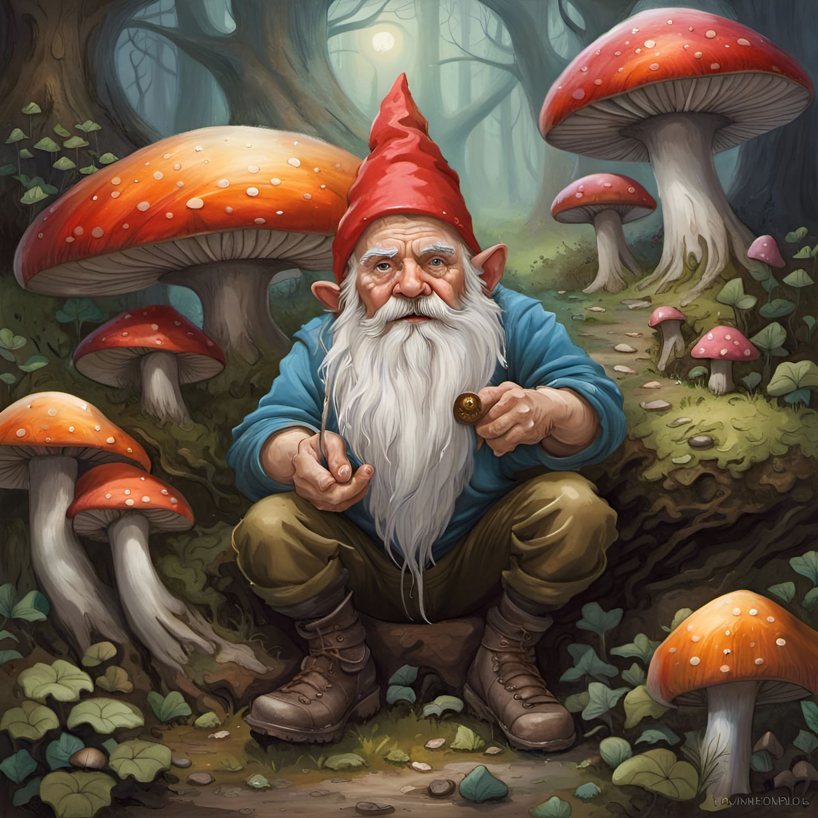 A Gnome sharing some unknown secrets of mushrooms  by @Kim