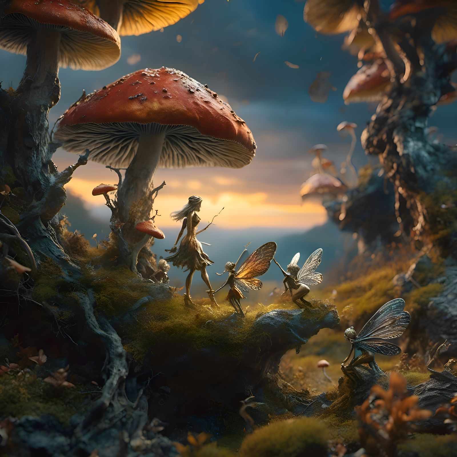 <lora:Forest Flora Focus:1.0> photo-realistic fairies dance and play, golden hour sunset, Epic cinematic brilliant stunning intricate meticu...