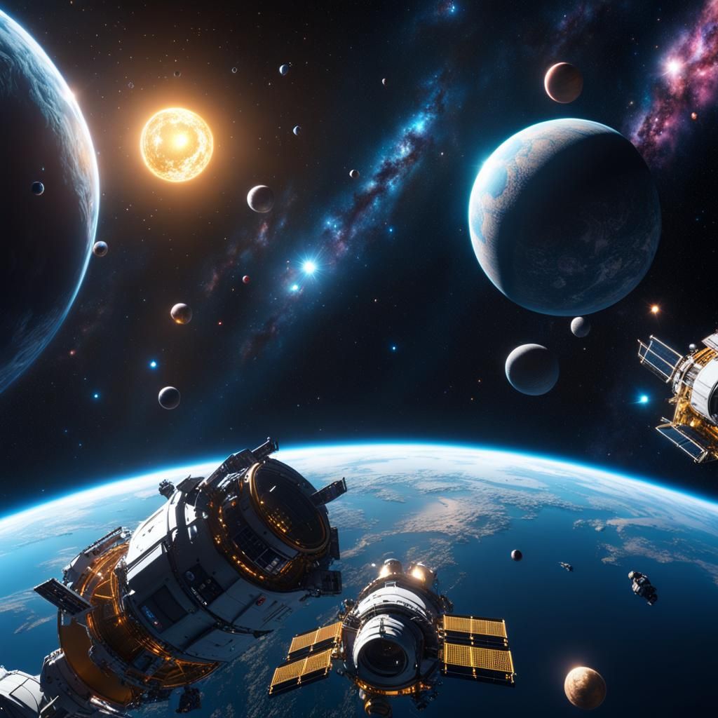 hyperealistic outer space swimming with life in a hyperdetai...