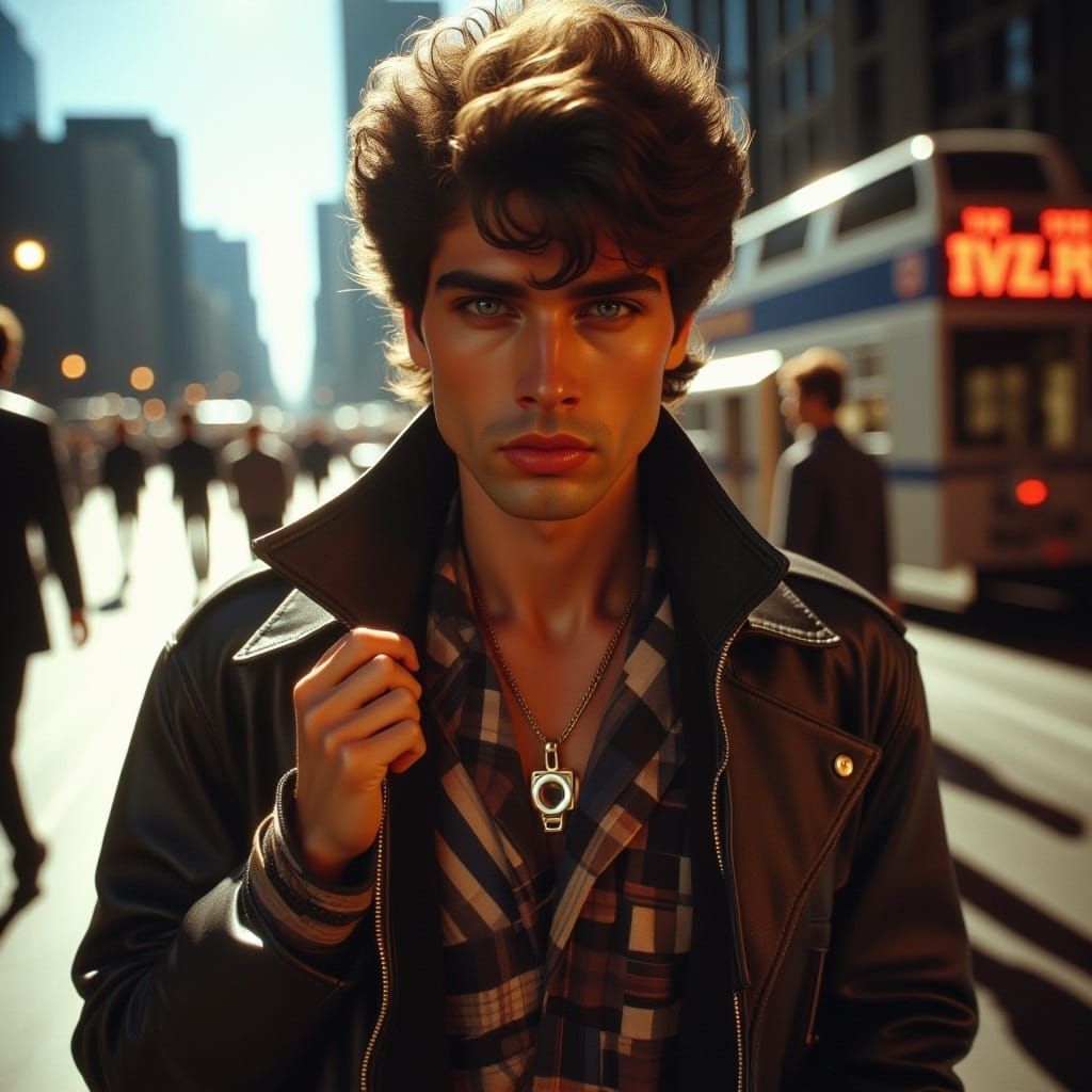  <lora:Flux 80s Supermodel:1.0> male model 1980s model style, in a photo shoot in a city park, dynamic lighting 