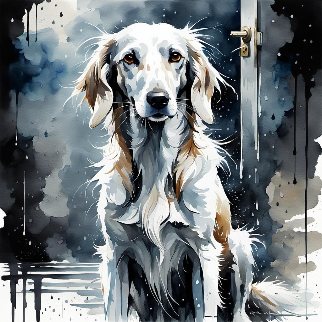 White saluki dog sitting by a door waiting in the rain in a dark moody watercolor by Thomas Wells Schaller ...  by @undefined