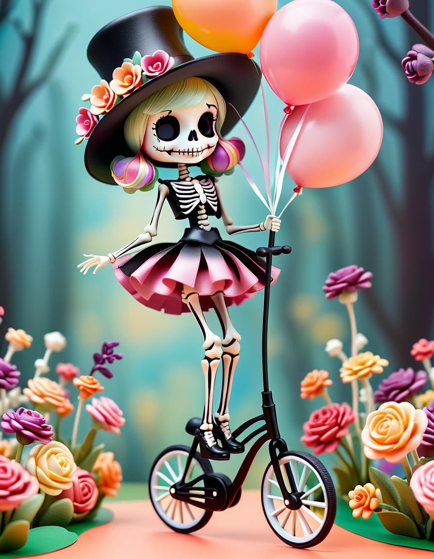 Skeleton Blythe riding a bicycle