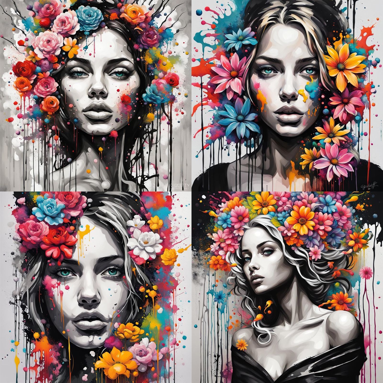 Blossoming Beauty White Girl, Wall Decor Floral Art Black Art Print Wall Art Poster AI