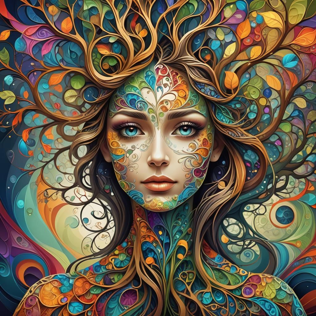 A beautiful lady in a magical tree of colors abstract vector...